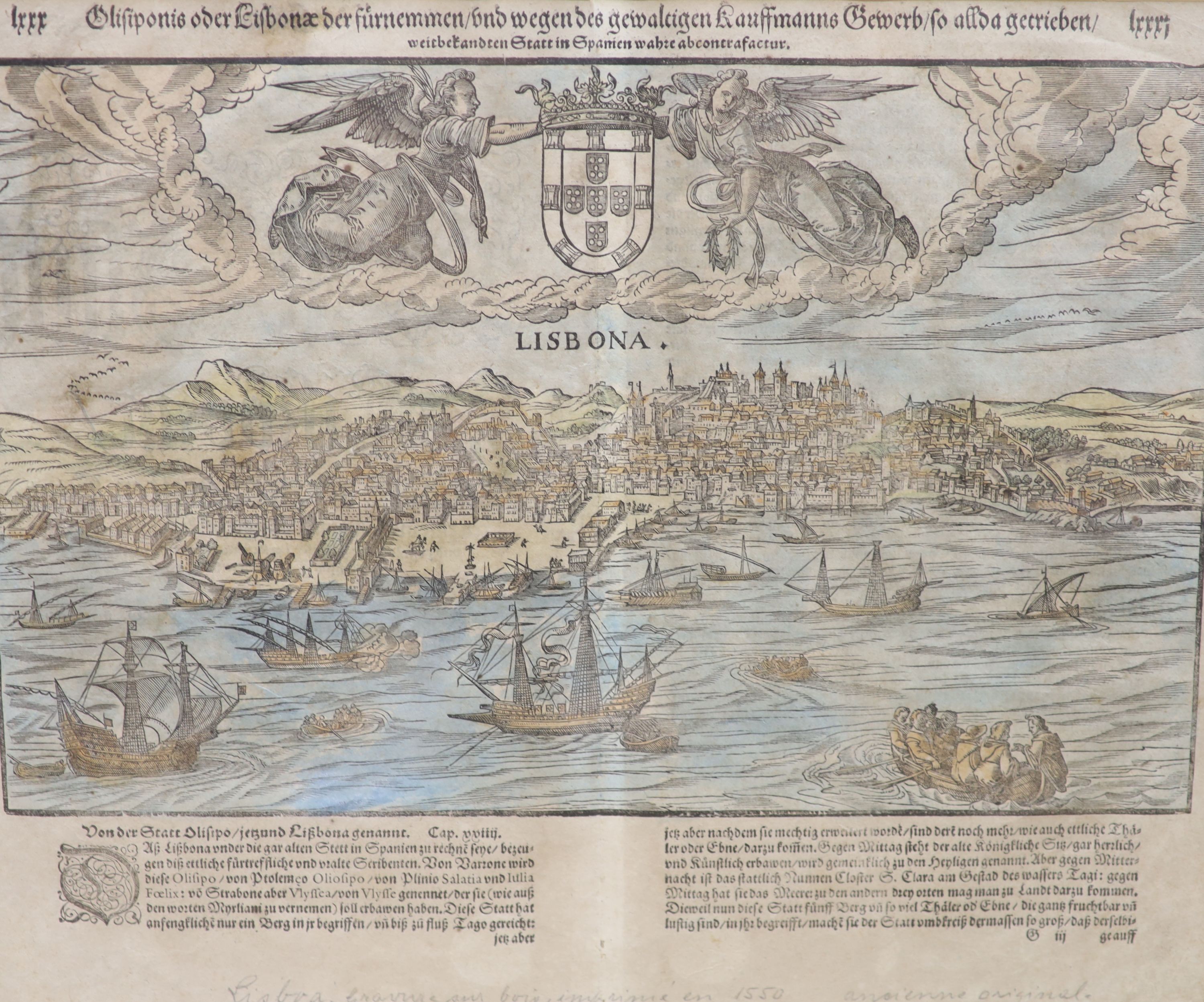 A 1550 coloured engraving View of Lisbon, 30 x 37cm, text in German